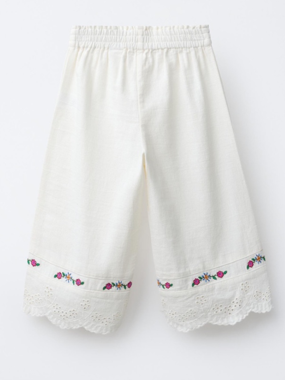 NEW | Zara | Wide Leg | Cropped | Ecru Floral-Trim Cotton-Linen Culottes | 4